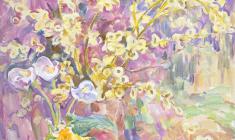 Eugenia Antipova. Willow in bloom, daffodis. Oil on canvas,101х83. 1984
