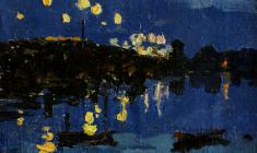 Taisia Afonina. At the Tuchkov Bridge.  Oil on canvas, 13,5х17. 1954