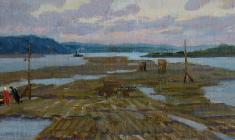 Аnatoliy Vasiliev. Rafts on the Kama. Oil on cardboard,11,5х26. 1953