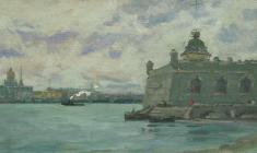 Аnatoliy Vasiliev. A Grey Day on the Neva. Oil on canvas, 22х42,5. 1953