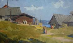 Аnatoliy Vasiliev. Khokhlovka Village on Kama. Oil on cardboard,20,5х31,5. 1953