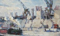 Anatoly Nenartovich. Construction of a Hydroelectric Power Station. Oil on cardboard, 16,3х40,5. 1957