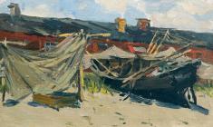 Н. Штейнмиллер. Лодки на берегу. Х.м., 18.5х29. 1951