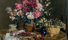 Elena Skuin.  Flowers and Сherry. Oil on canvas, 75х100. 1956