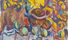 Victor Teterin.  Apples,  Bottle and Basket. Oil on canvas,  64х76.  1983