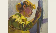 Victor Teterin. Girl Washing the Window. Oil on canvas, 53,5х62. 1957